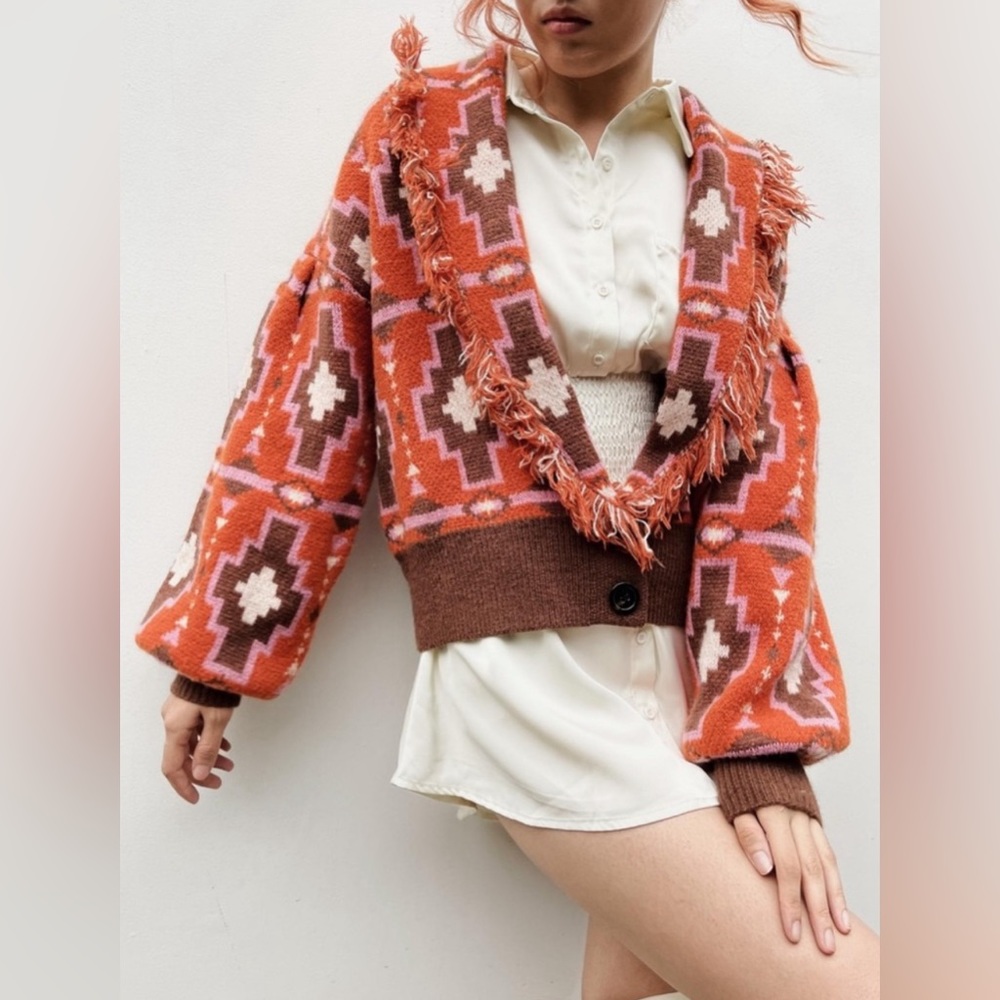 Cider Spice Aztec Print Fringe Cardigan Boho Chic Western Print Size Large
